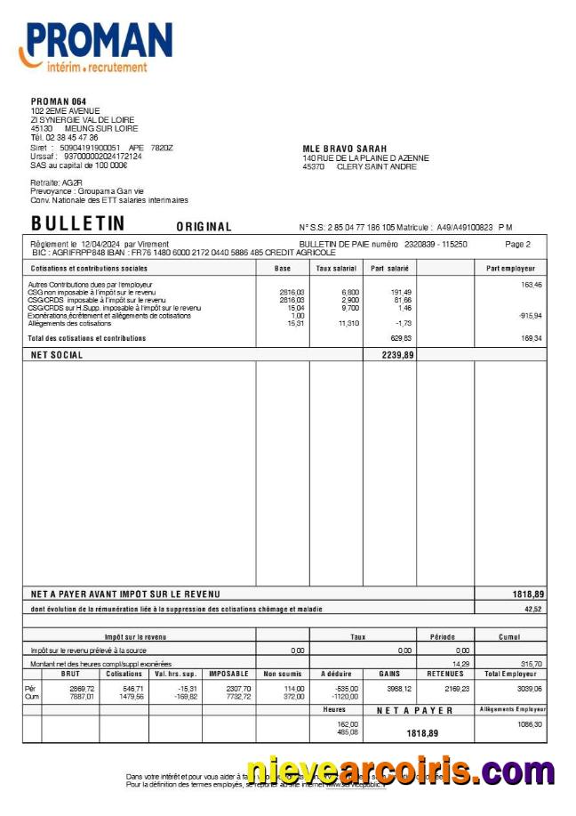 Proman recrutement payslip (in French language) 2